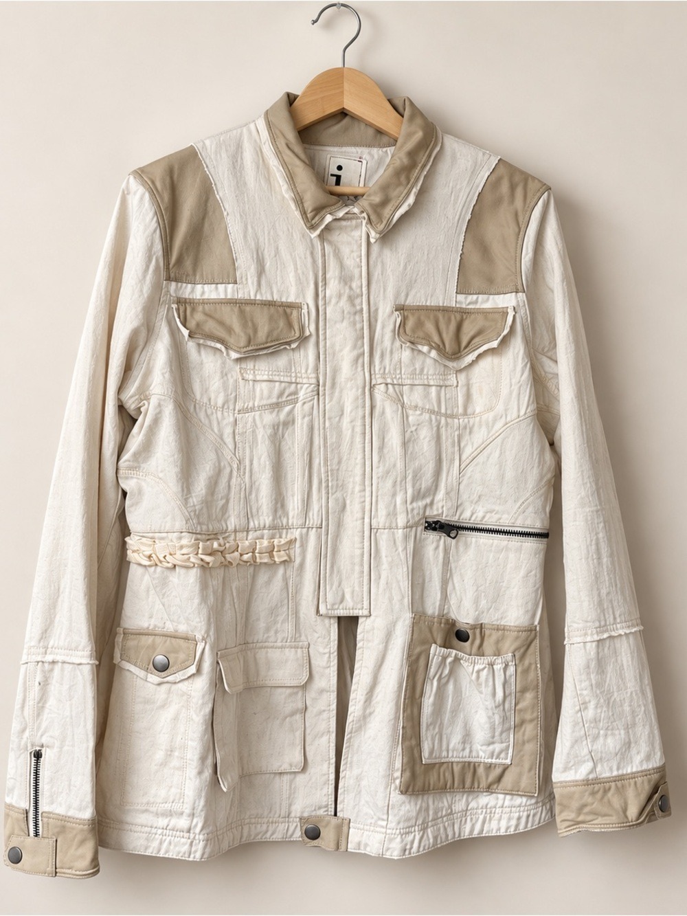 JKT NYC Cream Tan Leather Trim Utility Jacket - Picture 2 of 4